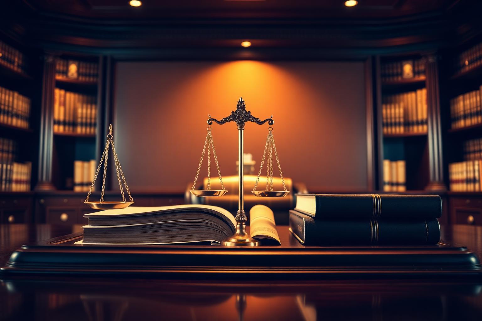 Scales of justice on a mahogany desk